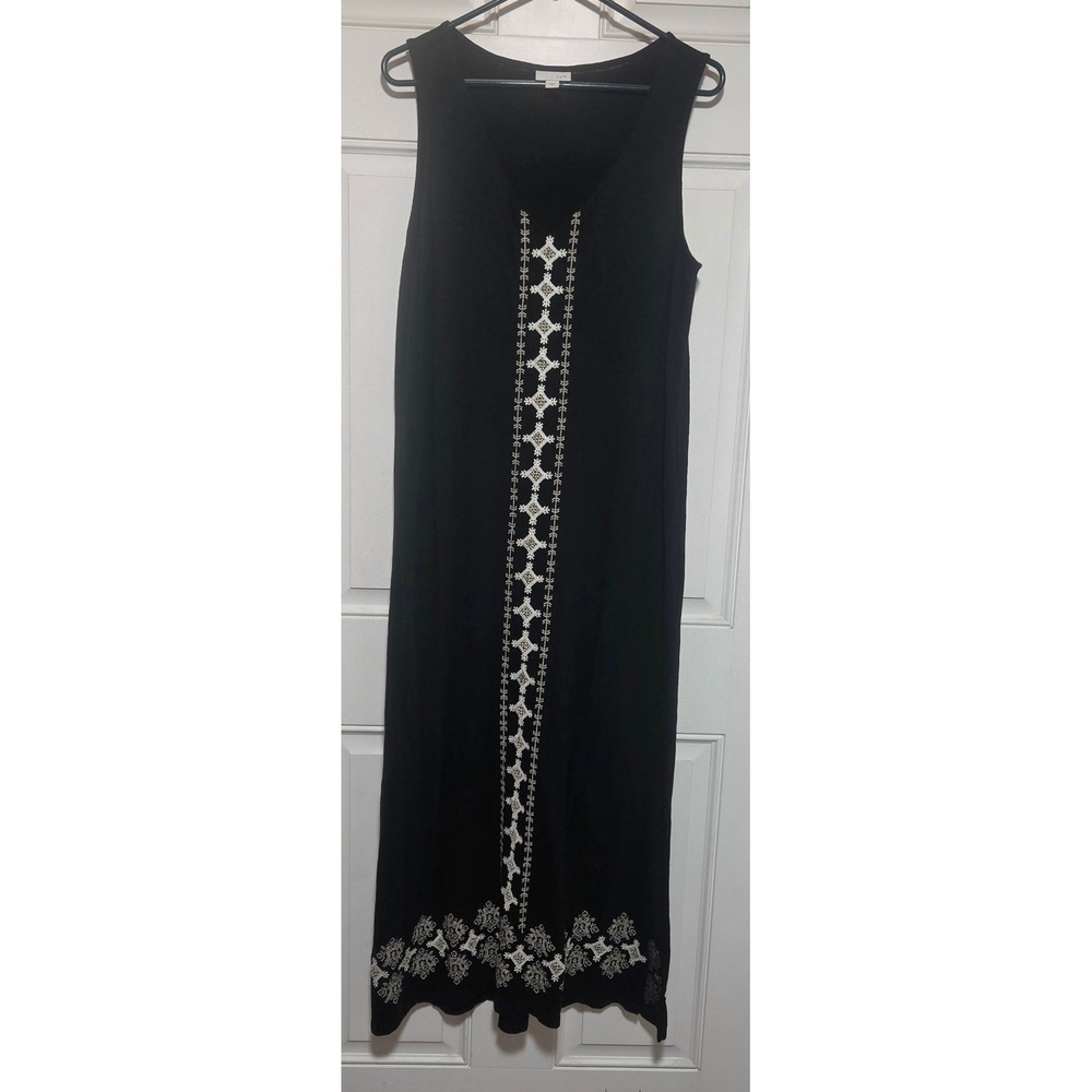 J. Jill Black Cotton Embroidered Medallion Sleeveless V-Neck Maxi Dress Medium